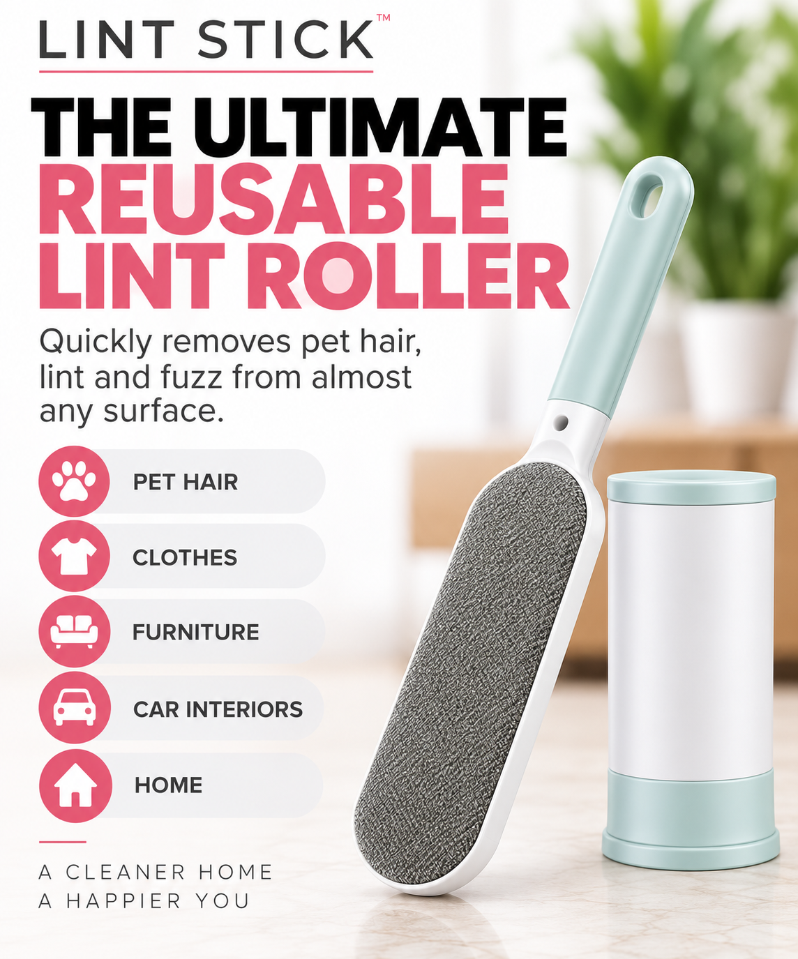 The Lint Stick reusable lint roller for removing pet hair, lint and fuzz from clothes, furniture and car interiors